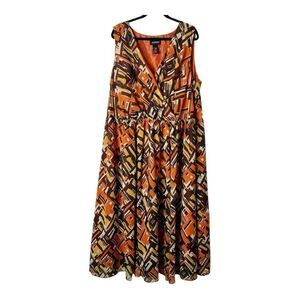 Ashro Women’s Plus Size Sleeveless Faux Wrap Brown Orange Yellow Maxi Dress 26W